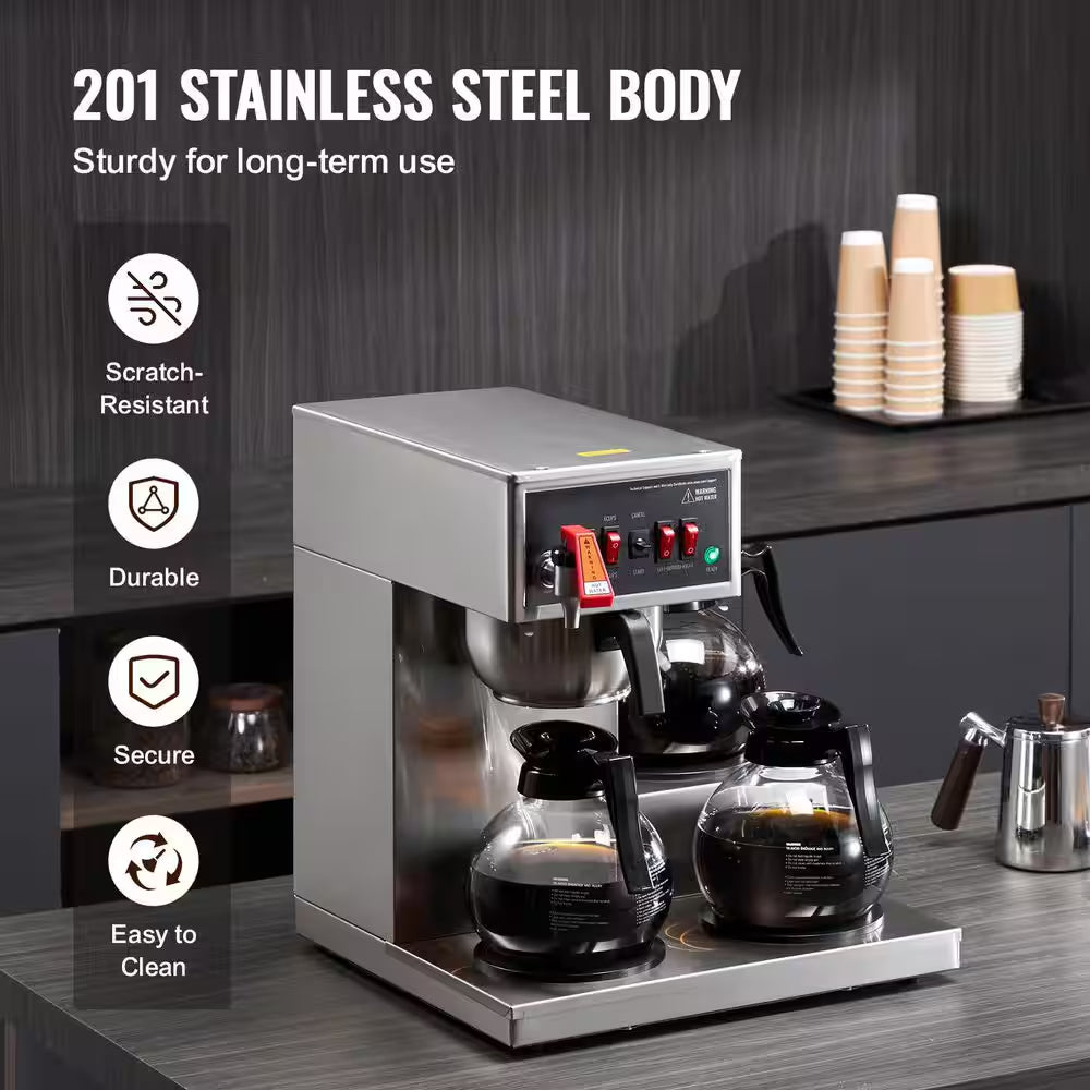 12 Cups Stainless Steel Drip Coffee Maker with 3 Glass Carafes and 3 Warmer Plates for Restaurant,2025 Upgrade,Silver