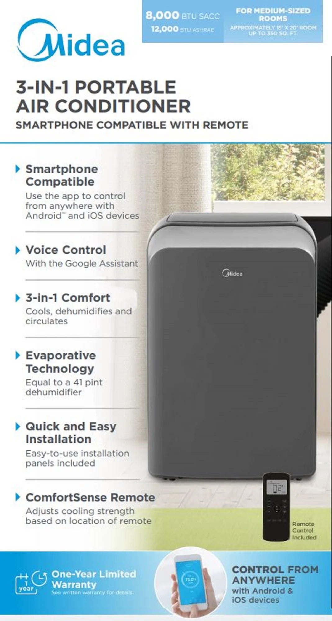Smart Portable Air Conditioner, 8,000 BTU (12,000 ASHRAE), 115V, MAP08S1WGR-T, Cools Rooms up to 350 Sq. Ft.