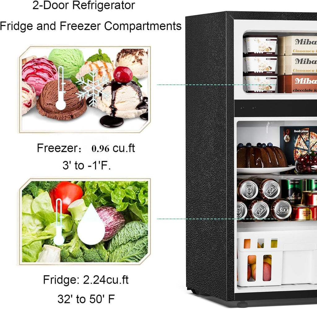 Mini Compact Refrigerator, 3.2 Cu.Ft. Separate Freezer Double 2-Door Adjustable Removable Shelves for Apartment/Dorm/Office,Black