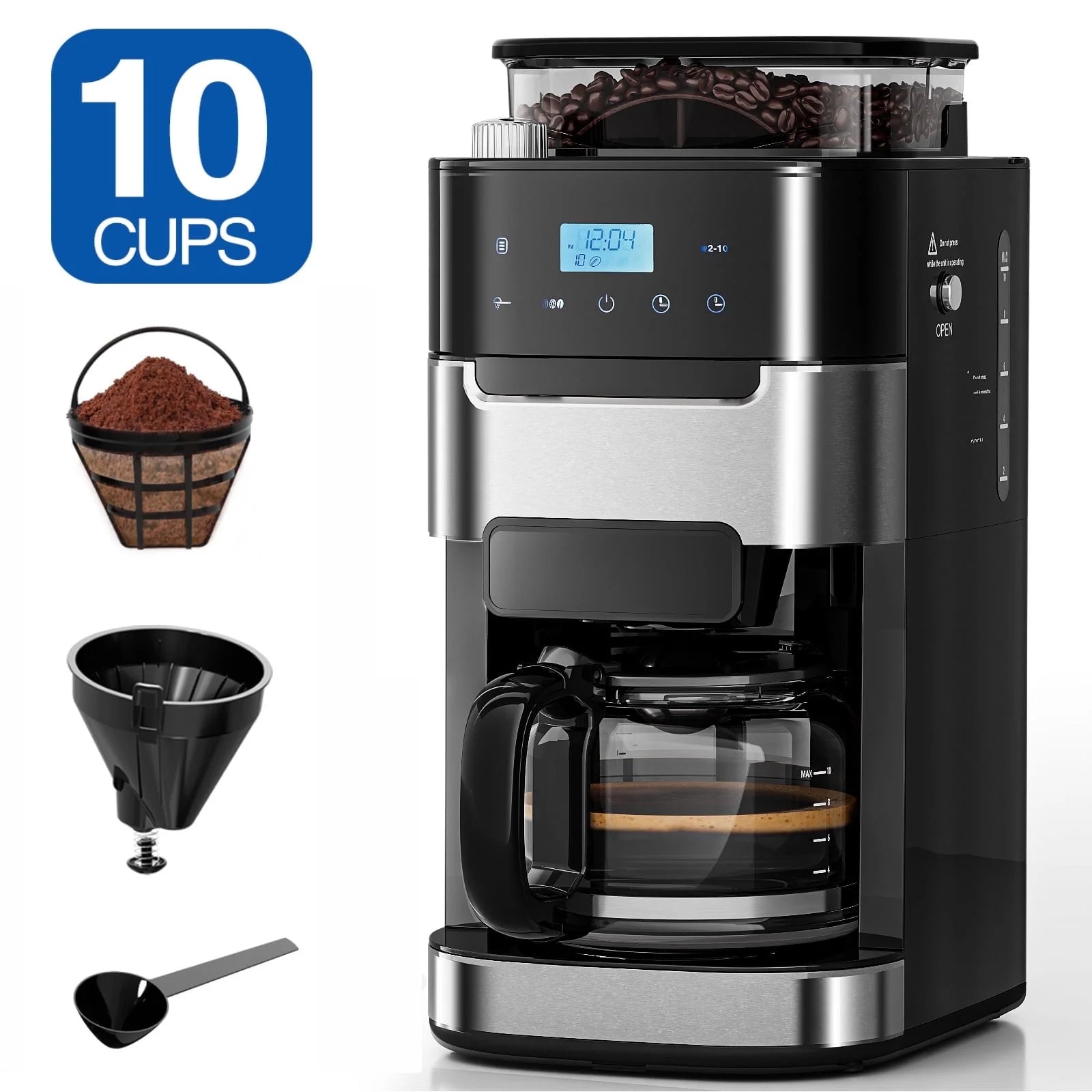 10-Cup Drip Coffee Maker with Grinder, Grind and Brew Coffee Maker, 12-Hour Timer, 3 Brew Strength Options, Touch Screen, 1.5L Water Tank, Black