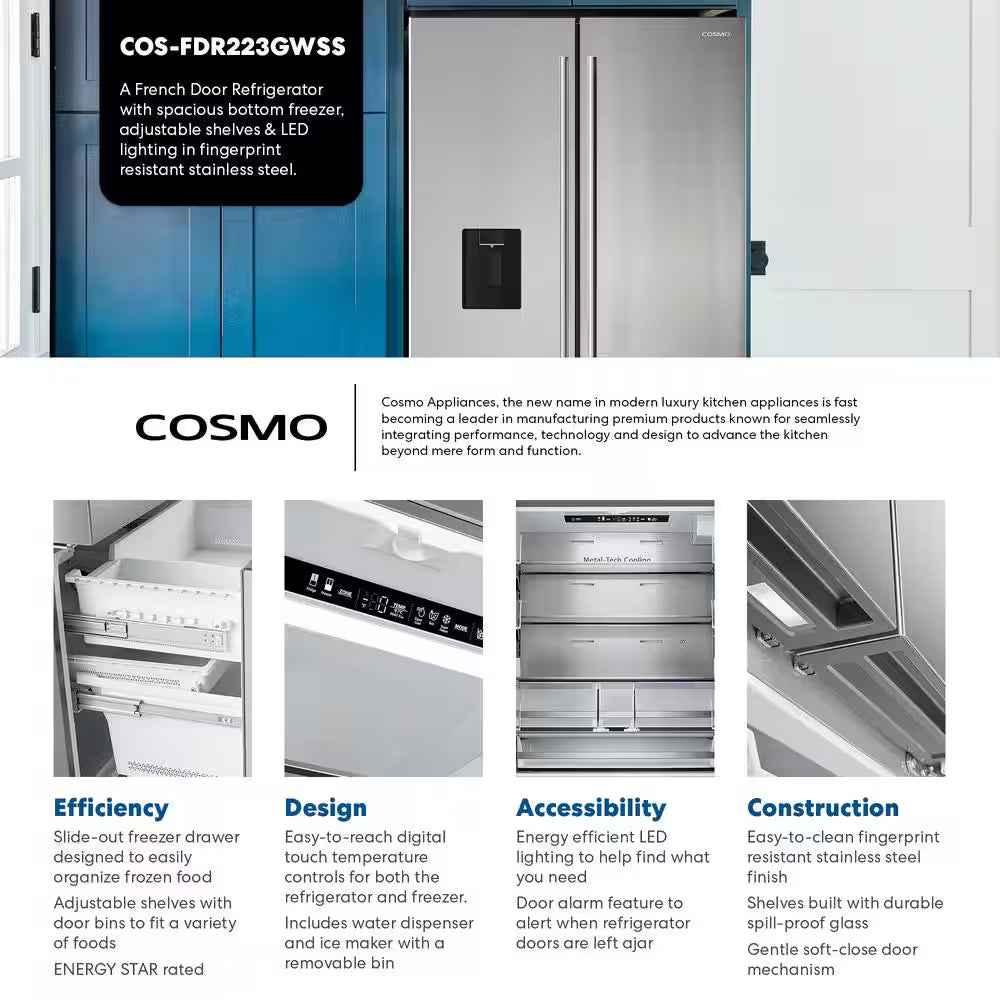 22.4 Cu. Ft. 3-Door French Door Refrigerator with Water Dispenser and Ice Maker in Stainless Steel, Counter Depth