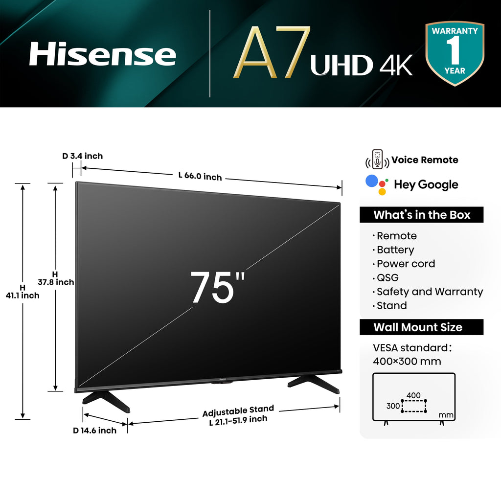 75-Inch Class A7 Series Dolby Vision HDR 4K UHD Google Smart TV (75A7N)