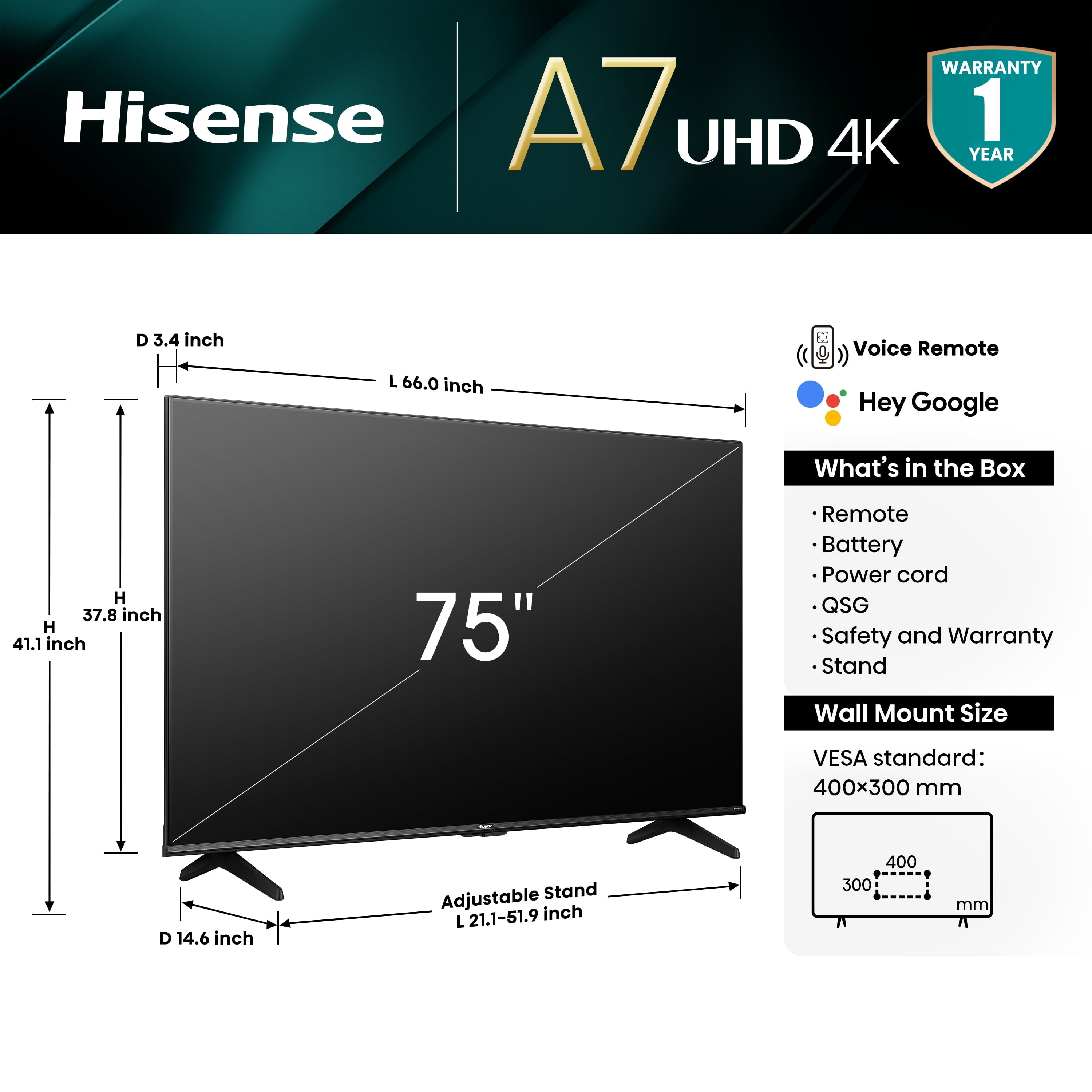 75-Inch Class A7 Series Dolby Vision HDR 4K UHD Google Smart TV (75A7N)