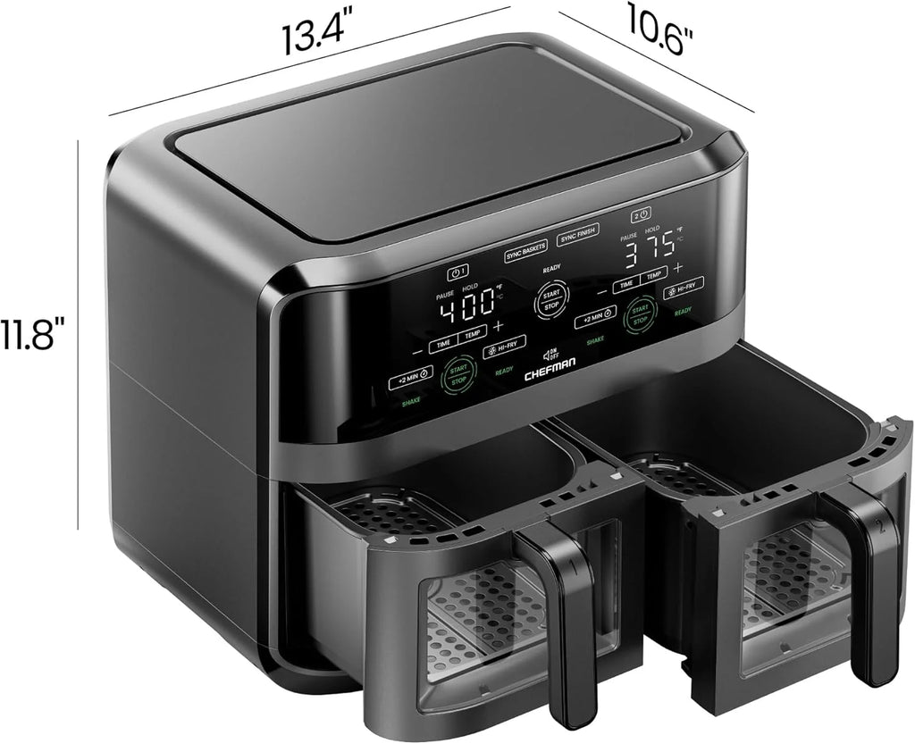 Dual Basket Digital Air Fryer W/ Easy View Windows, 2 Independent 3 Qt Baskets - Black