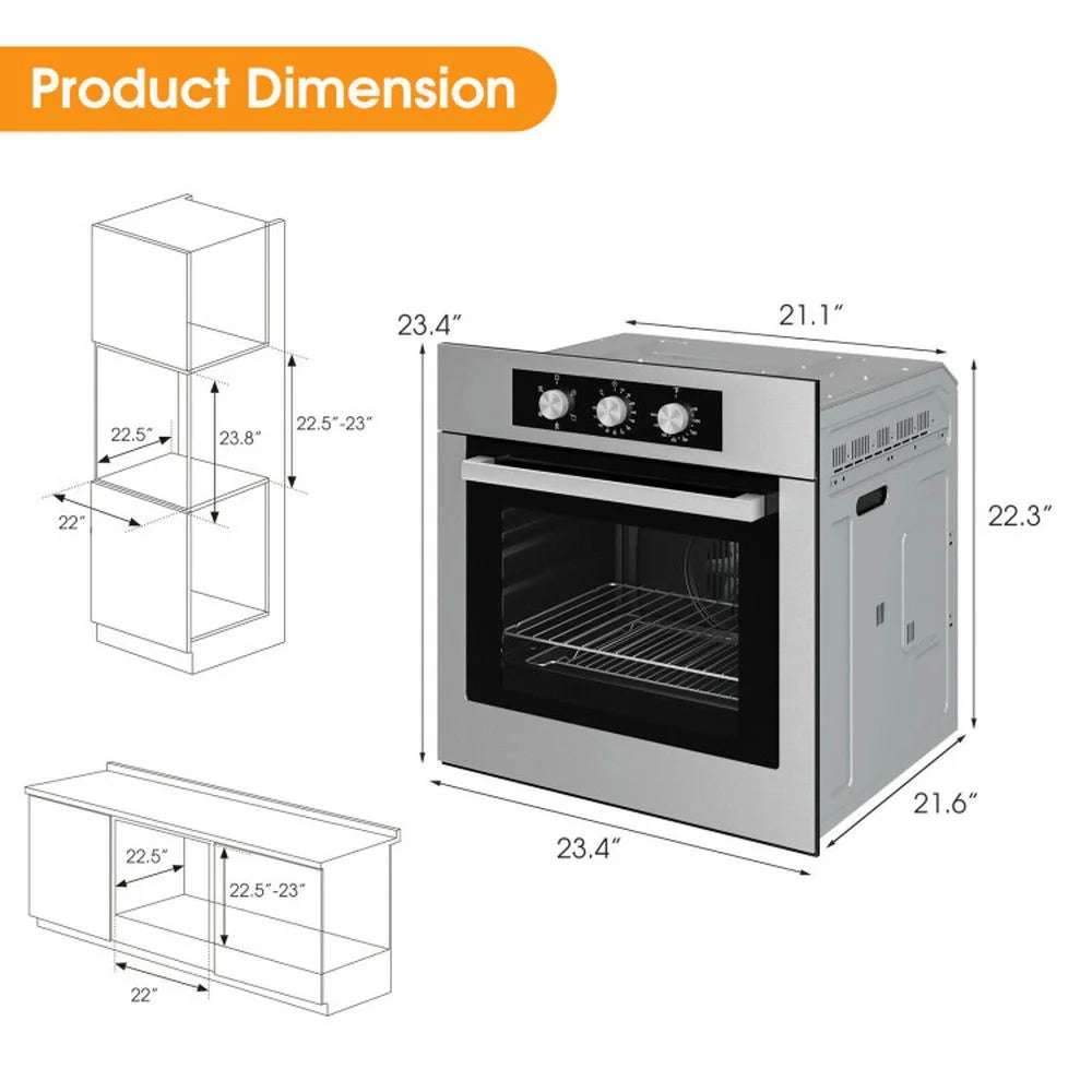 24 Inch Single Wall Oven 2.47Cu.Ft with 5 Cooking Modes and 360° Hot Air Circulation, Single Wall Oven, Well-Made Built-In Oven with 3-Layer Tempered Glass for Indoor, Silver