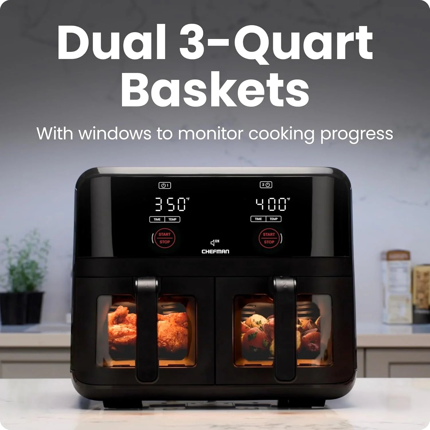 Dual Basket Digital Air Fryer W/ Easy View Windows, 2 Independent 3 Qt Baskets - Black