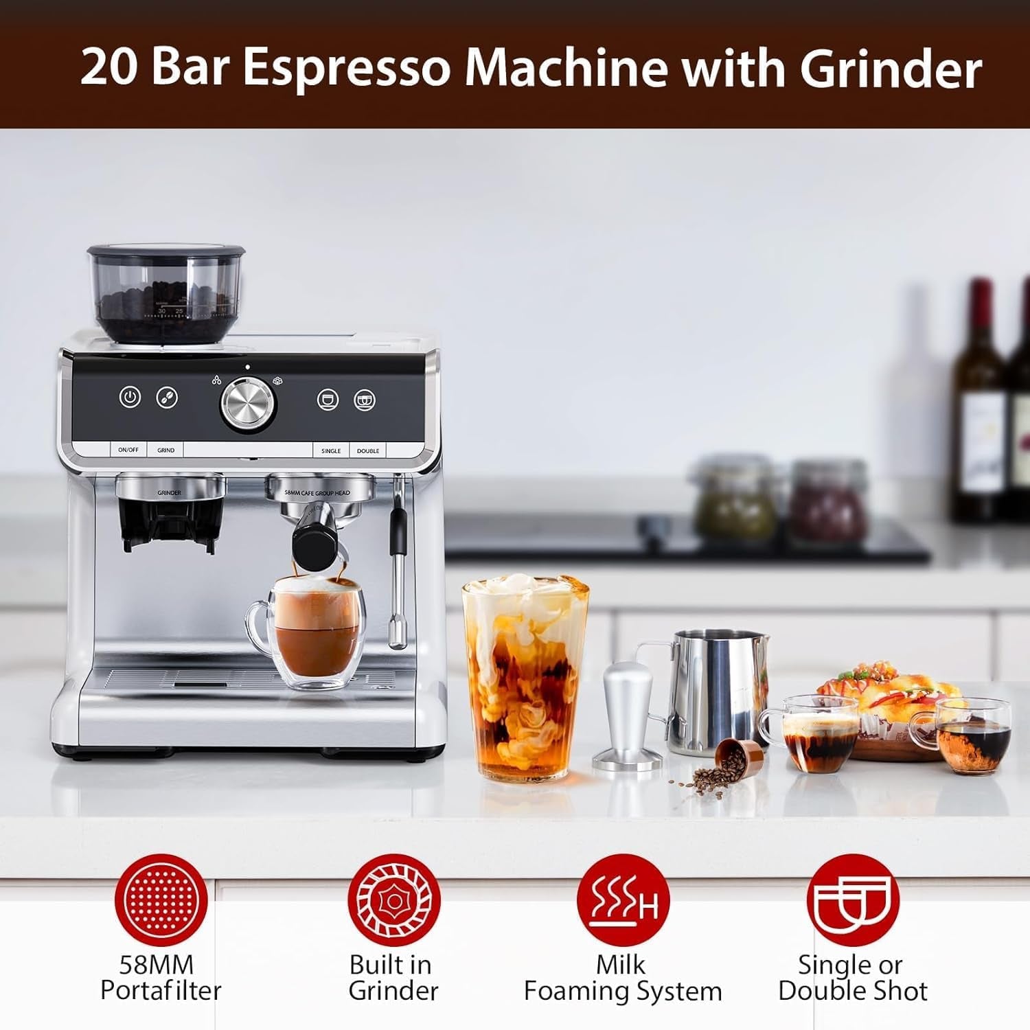Espresso Machines with Milk Frother Steam Wand,Espresso Maker with Grinder,Barista Latte Machine with Removable Water Tank for Cappuccinos or Macchiatos,Gift for Women Men