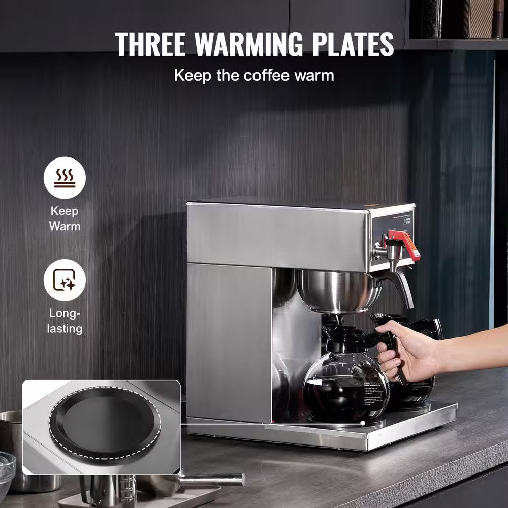 12 Cups Stainless Steel Drip Coffee Maker with 3 Glass Carafes and 3 Warmer Plates for Restaurant,2025 Upgrade,Silver