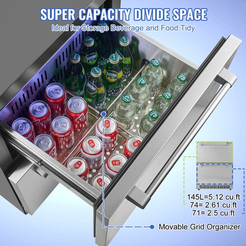 VEVOR Undercounter Refrigerator 24" Built-In 2 Drawer Refrigerator Fridge SUS