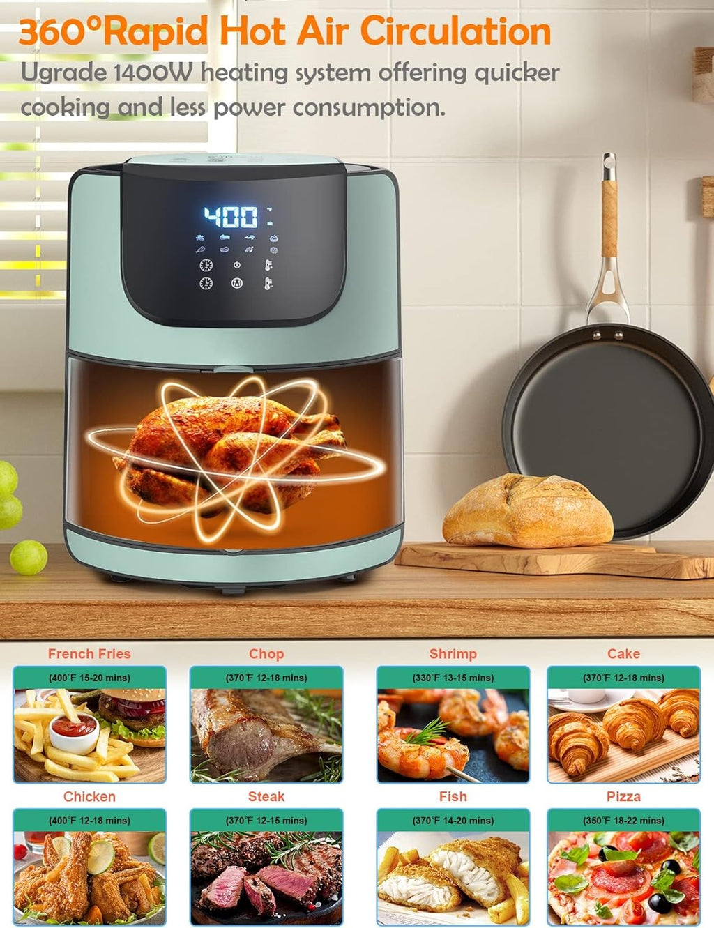 Air Fryer 5.8 Quart Hot Air Fryer Oven with Digital Touch Screen Airfryer with Nonstick Basket Dishwasher Friendly up to 400℉ Large Air Fryer for 2–5 Family Members