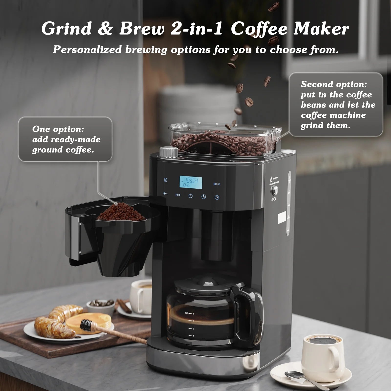 10-Cup Drip Coffee Maker with Grinder, Grind and Brew Coffee Maker, 12-Hour Timer, 3 Brew Strength Options, Touch Screen, 1.5L Water Tank, Black