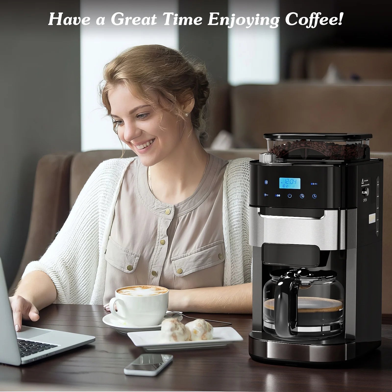10-Cup Drip Coffee Maker with Grinder, Grind and Brew Coffee Maker, 12-Hour Timer, 3 Brew Strength Options, Touch Screen, 1.5L Water Tank, Black