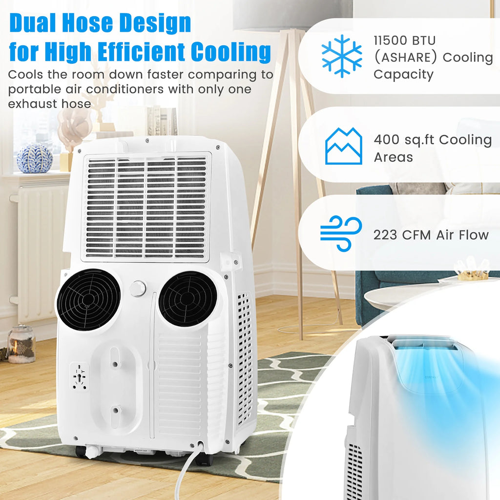 8000 BTU (11,500 BTU ASHRAE) Dual Hose Portable Air Conditioner 3-In-1 AC Unit W/ Remote Control