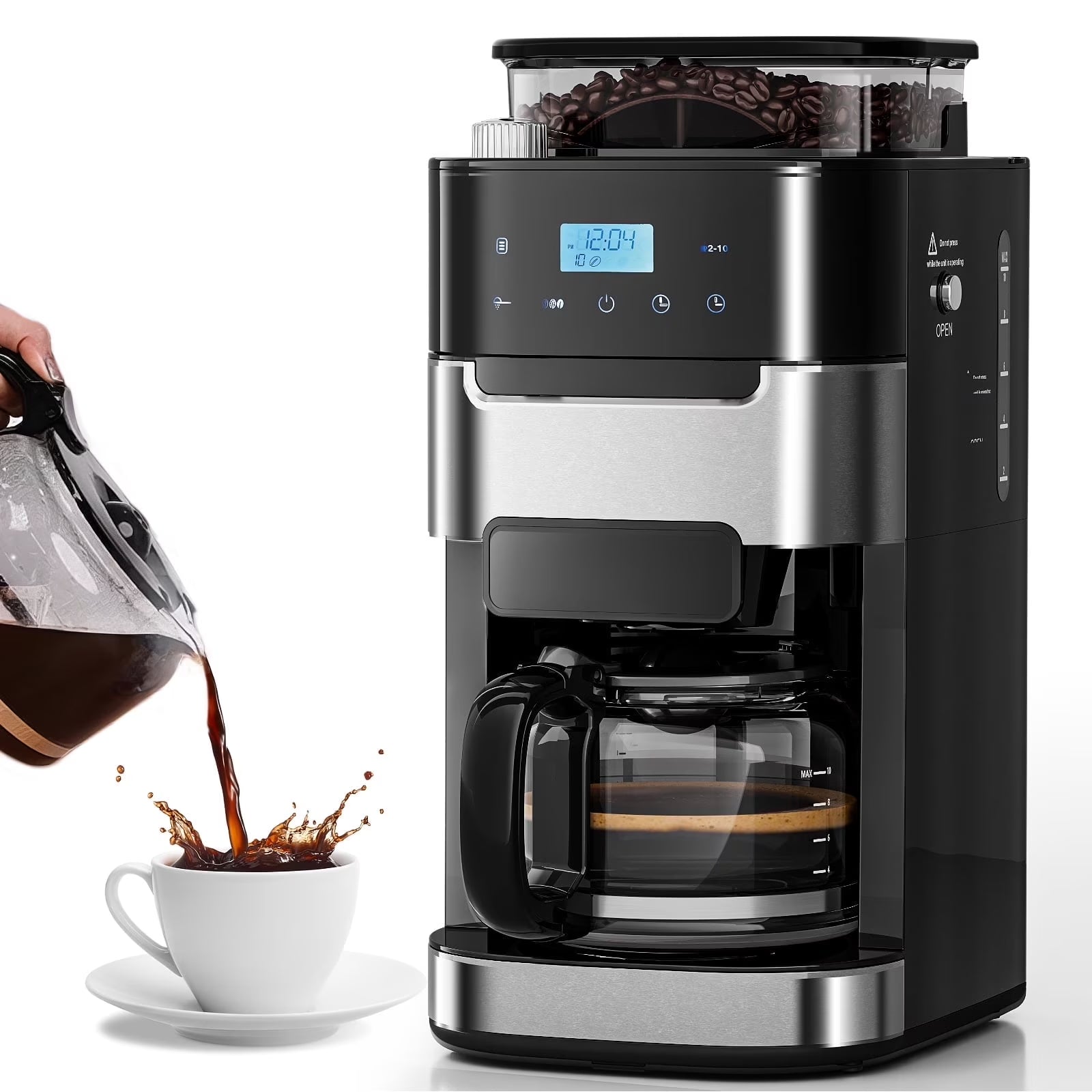 10-Cup Drip Coffee Maker with Grinder, Grind and Brew Coffee Maker, 12-Hour Timer, 3 Brew Strength Options, Touch Screen, 1.5L Water Tank, Black
