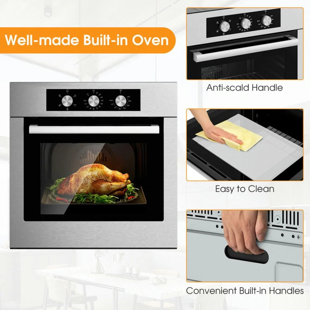 24 Inch Single Wall Oven 2.47Cu.Ft with 5 Cooking Modes, Single Wall Oven with 360° Hot Air Circulation, Well-Made Built-In Oven for Indoor, Silver
