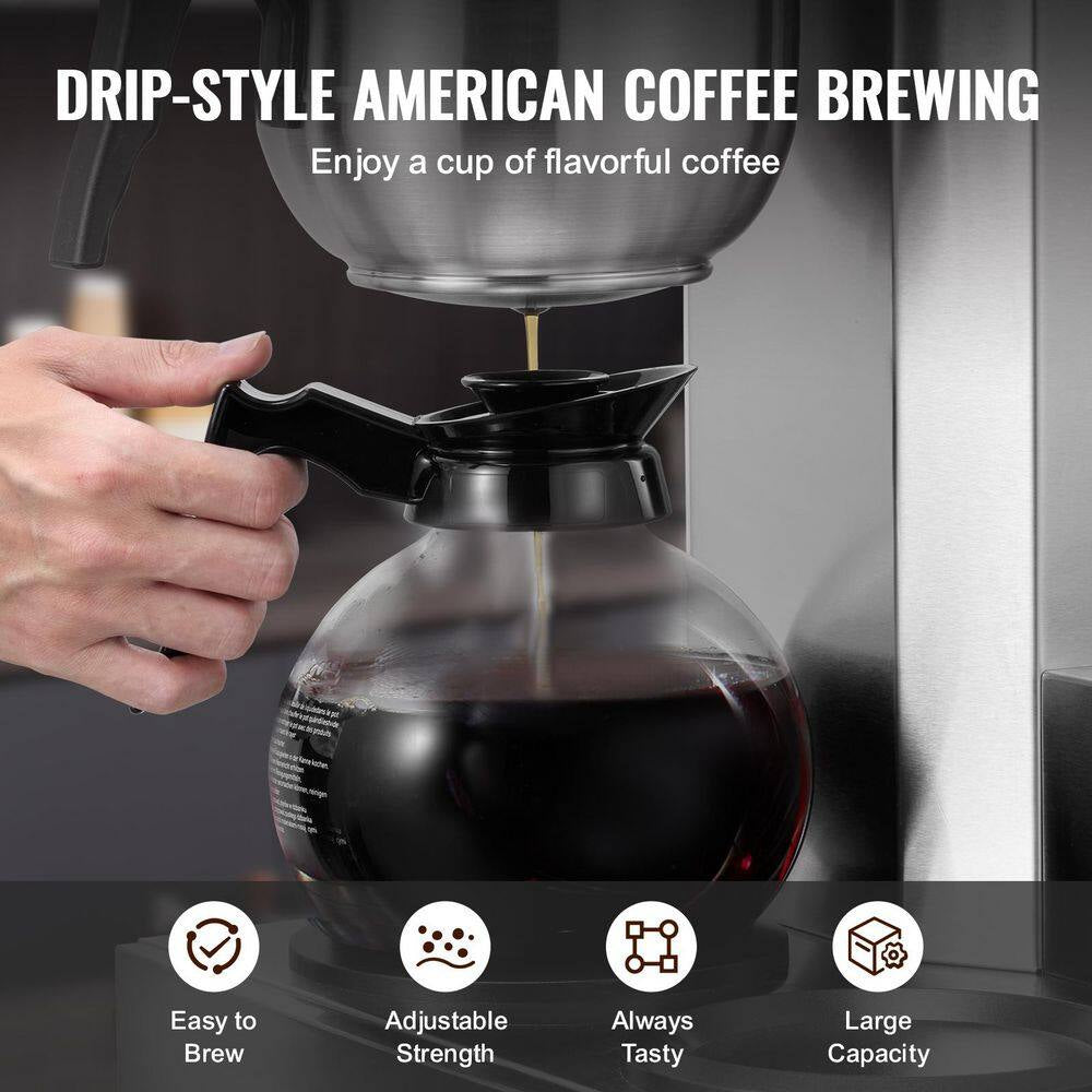 12 Cups Stainless Steel Drip Coffee Maker with 3 Glass Carafes and 3 Warmer Plates for Restaurant,2025 Upgrade,Silver