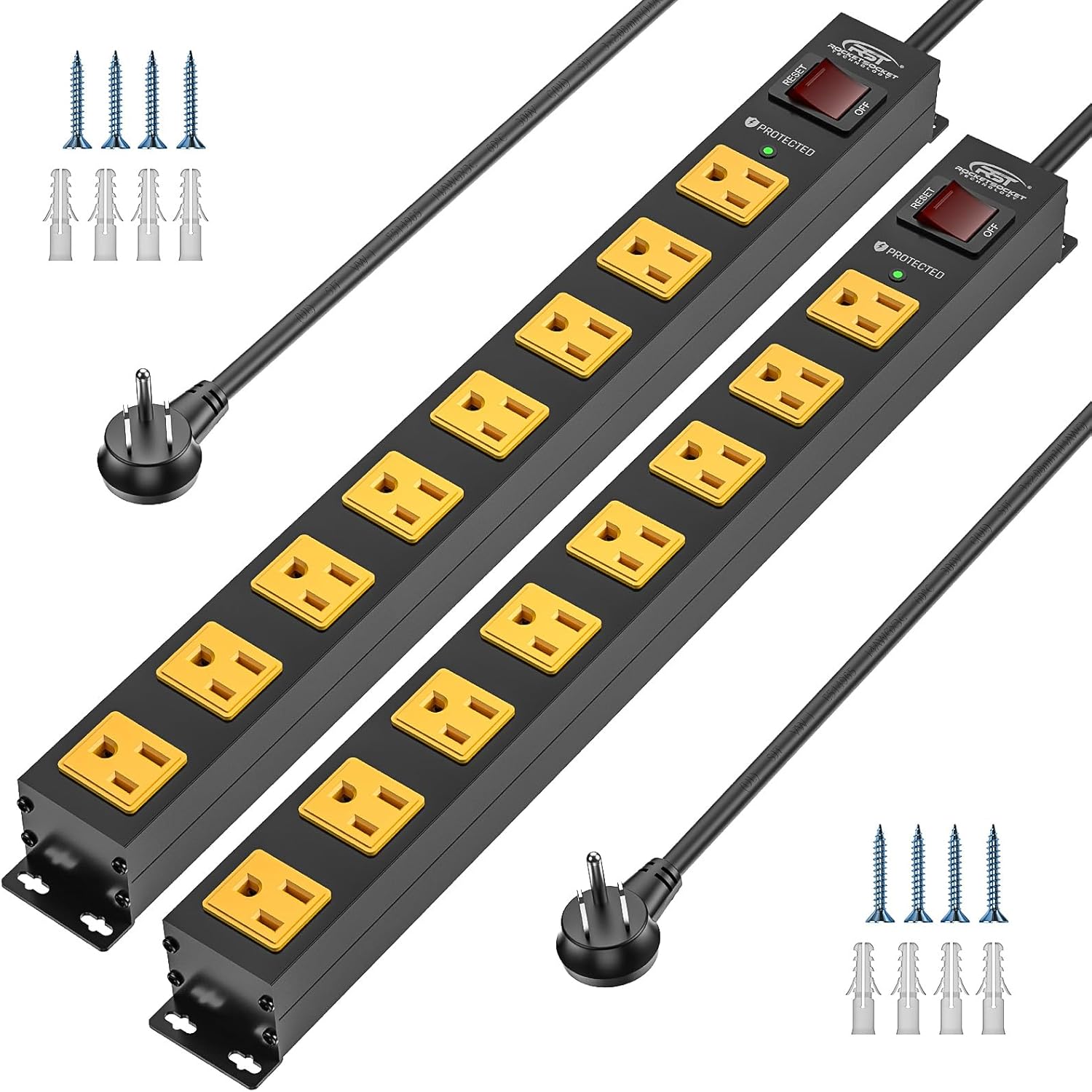 CRST 2 Pack 8 Outlet Metal Heavy Duty Power Strip  2100J Surge Protector 15A 1875W Mountable Wide Spaced Power Bar 6FT Flat Plug Extension Cord