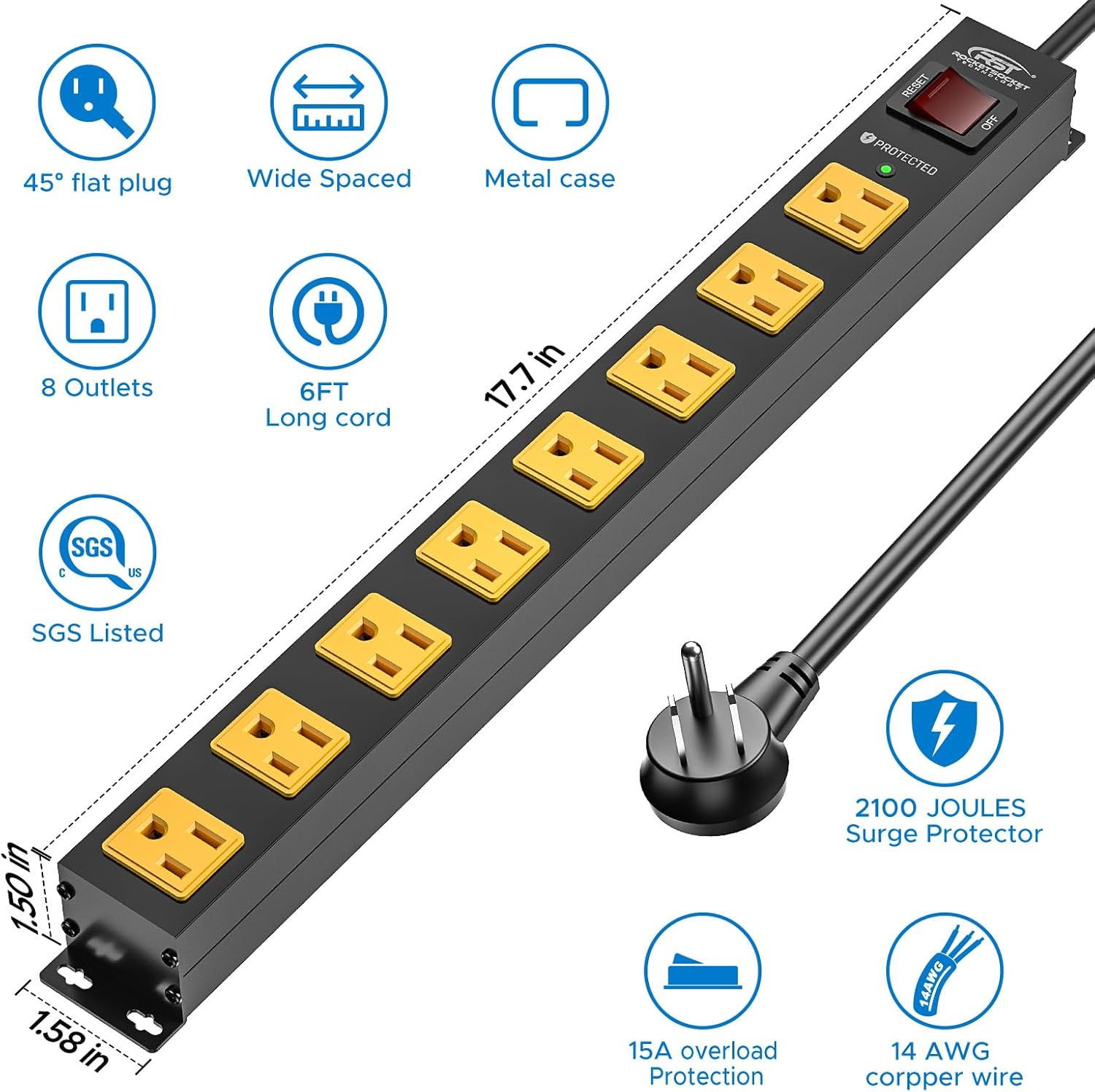 CRST 2 Pack 8 Outlet Metal Heavy Duty Power Strip  2100J Surge Protector 15A 1875W Mountable Wide Spaced Power Bar 6FT Flat Plug Extension Cord