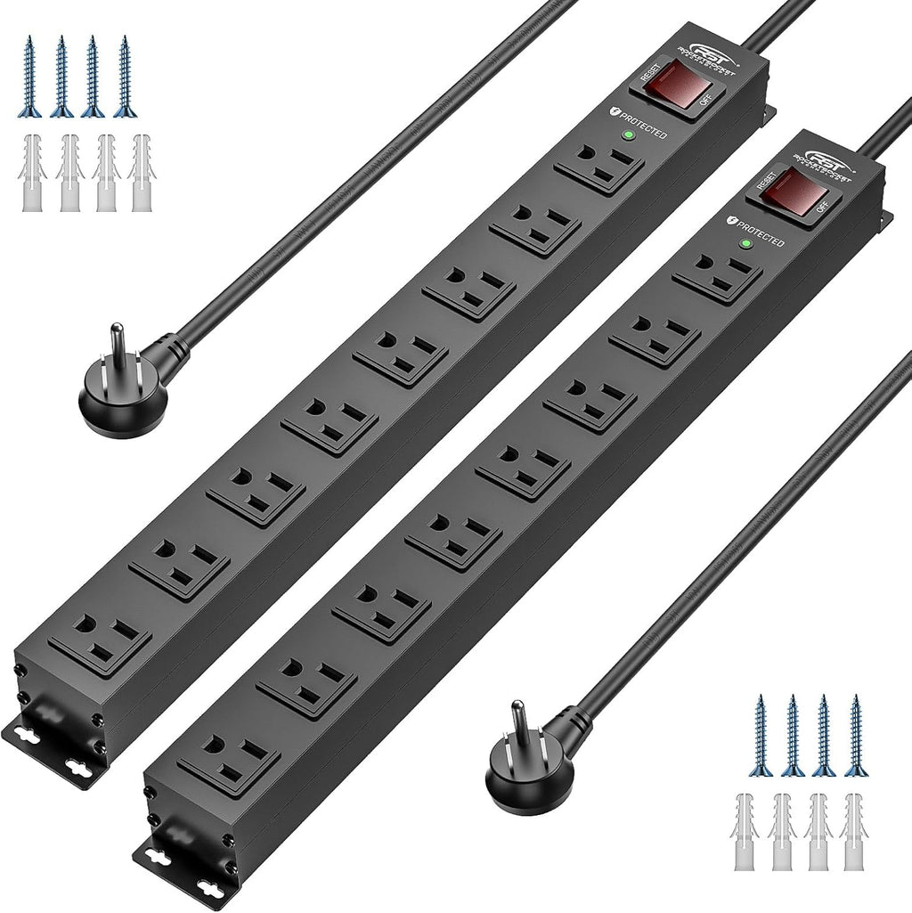 CRST 2 Pack 8 Outlet Metal Heavy Duty Power Strip  2100J Surge Protector 15A 1875W Mountable Wide Spaced Power Bar 6FT Flat Plug Extension Cord