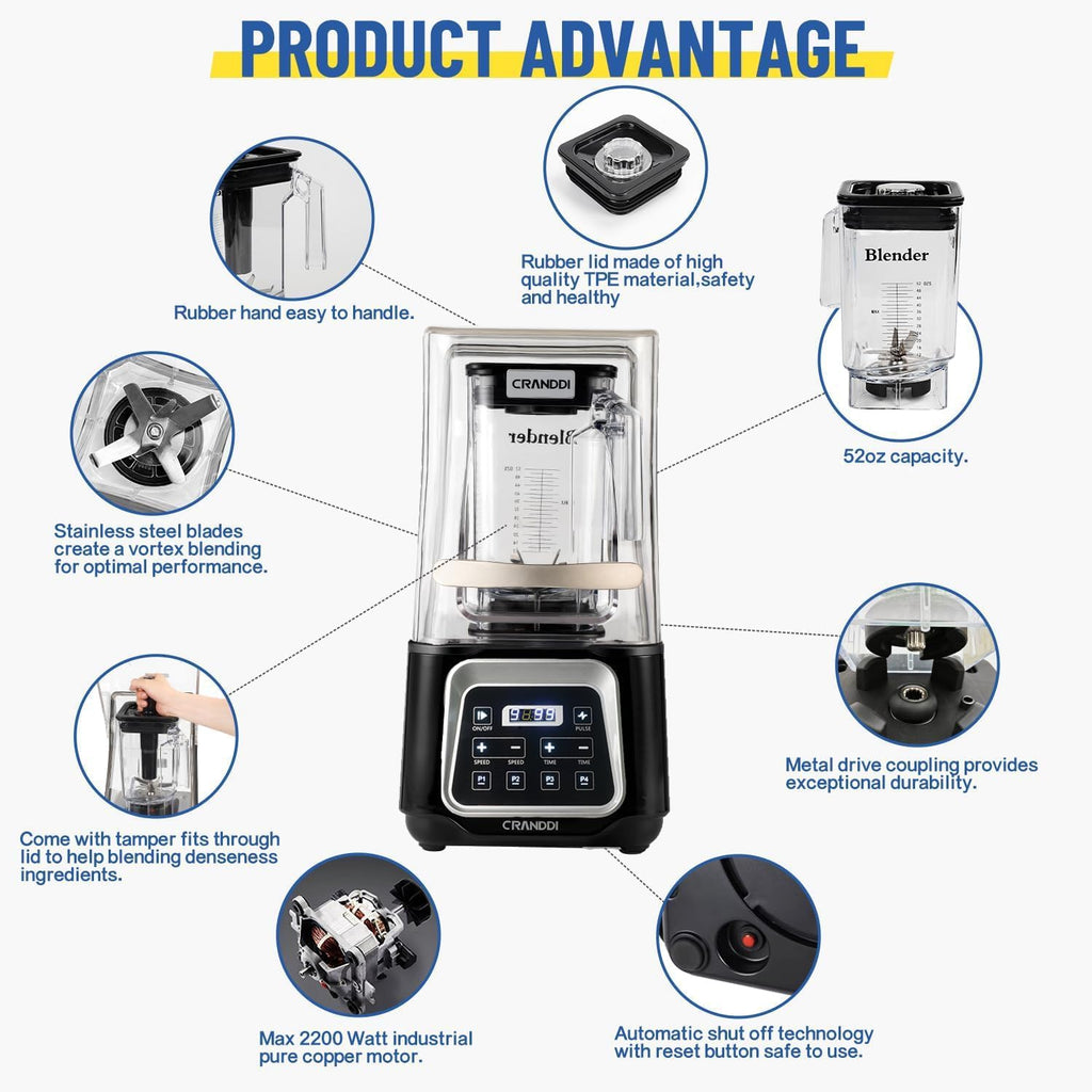 Commercial Smart Smoothie Blender - 2200W High-Power Professional Blenders for Smoothies & More, 4 Pre-Set Programs, Quiet Blender with Removable Shield, 52Oz Jar, 120V, K80TS (Black)