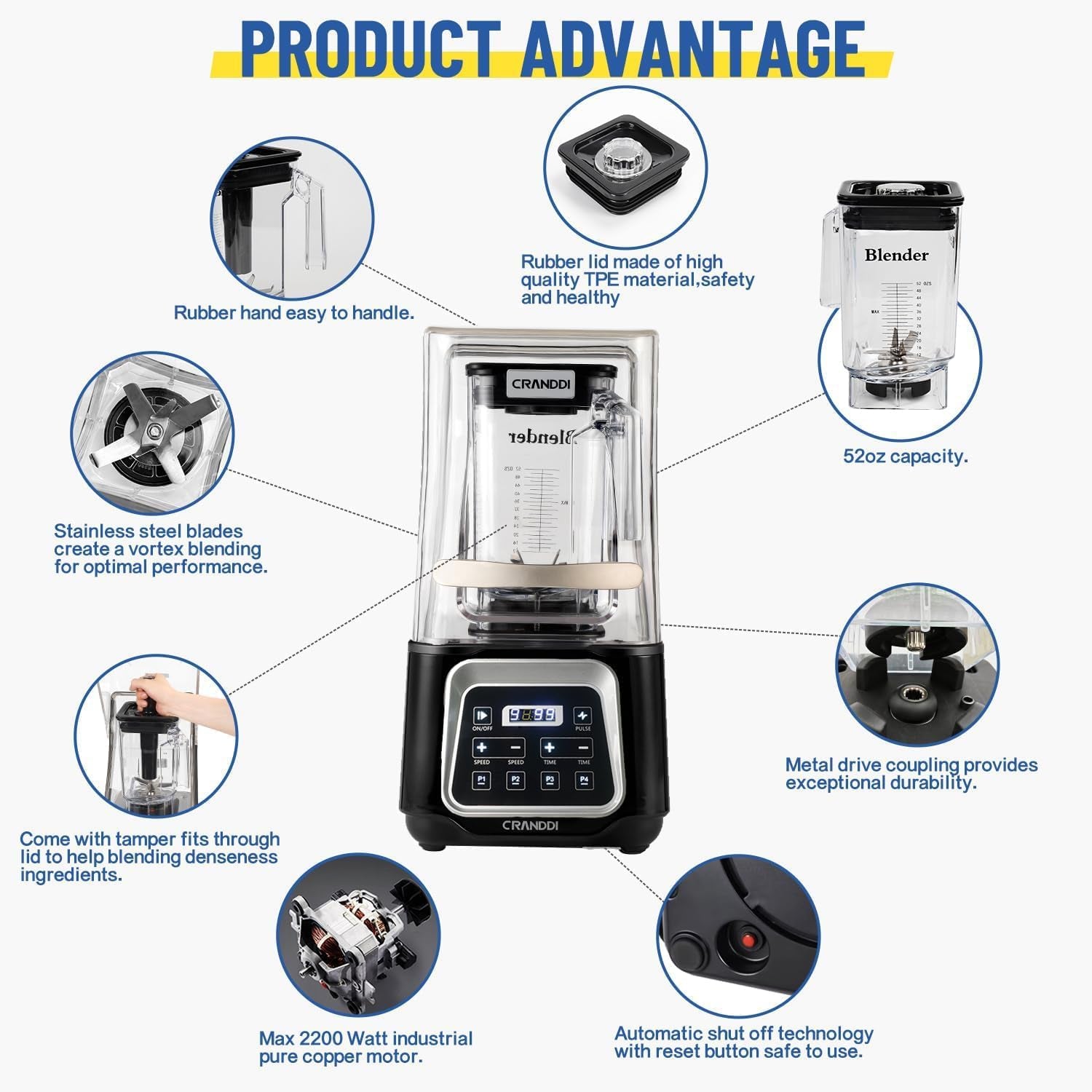 Commercial Smart Smoothie Blender - 2200W High-Power Professional Blenders for Smoothies & More, 4 Pre-Set Programs, Quiet Blender with Removable Shield, 52Oz Jar, 120V, K80TS (Black)