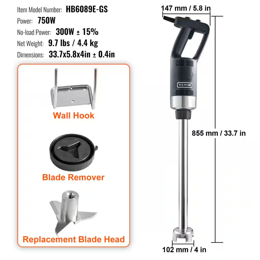 Black Commercial Immersion Blender 750W 20 In. Heavy Duty Hand Mixer Multi-Purpose Portable Mixer