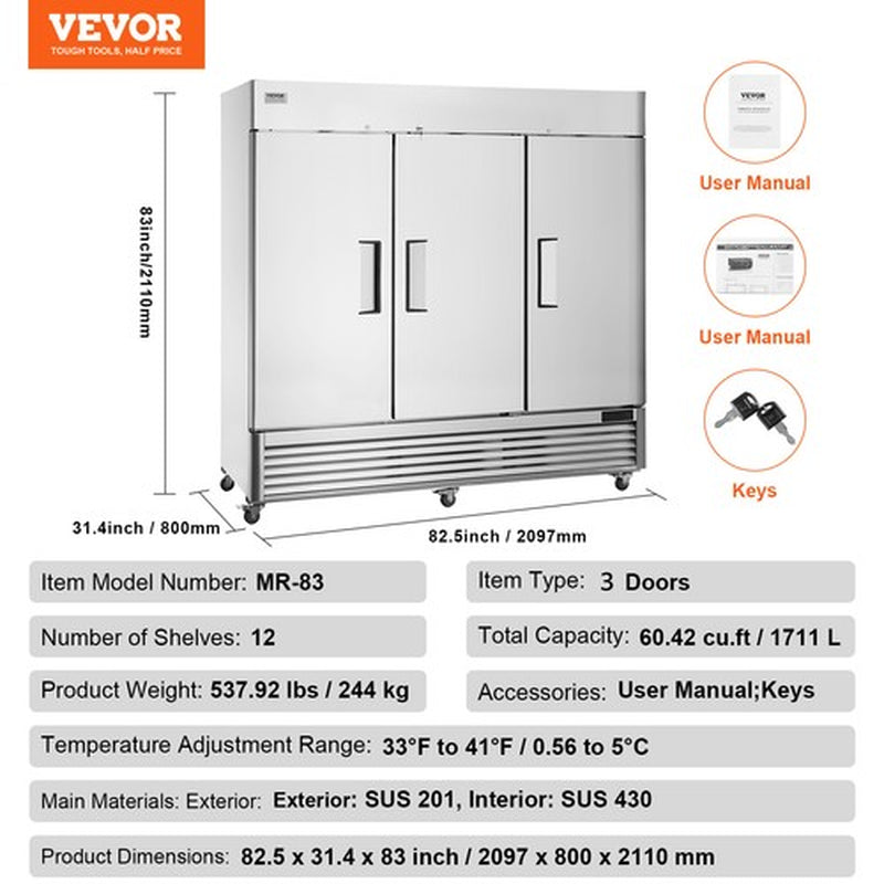 VEVOR Commercial Refrigerator 60.42 Cu.Ft Reach in Upright Refrigerator 3 Doors