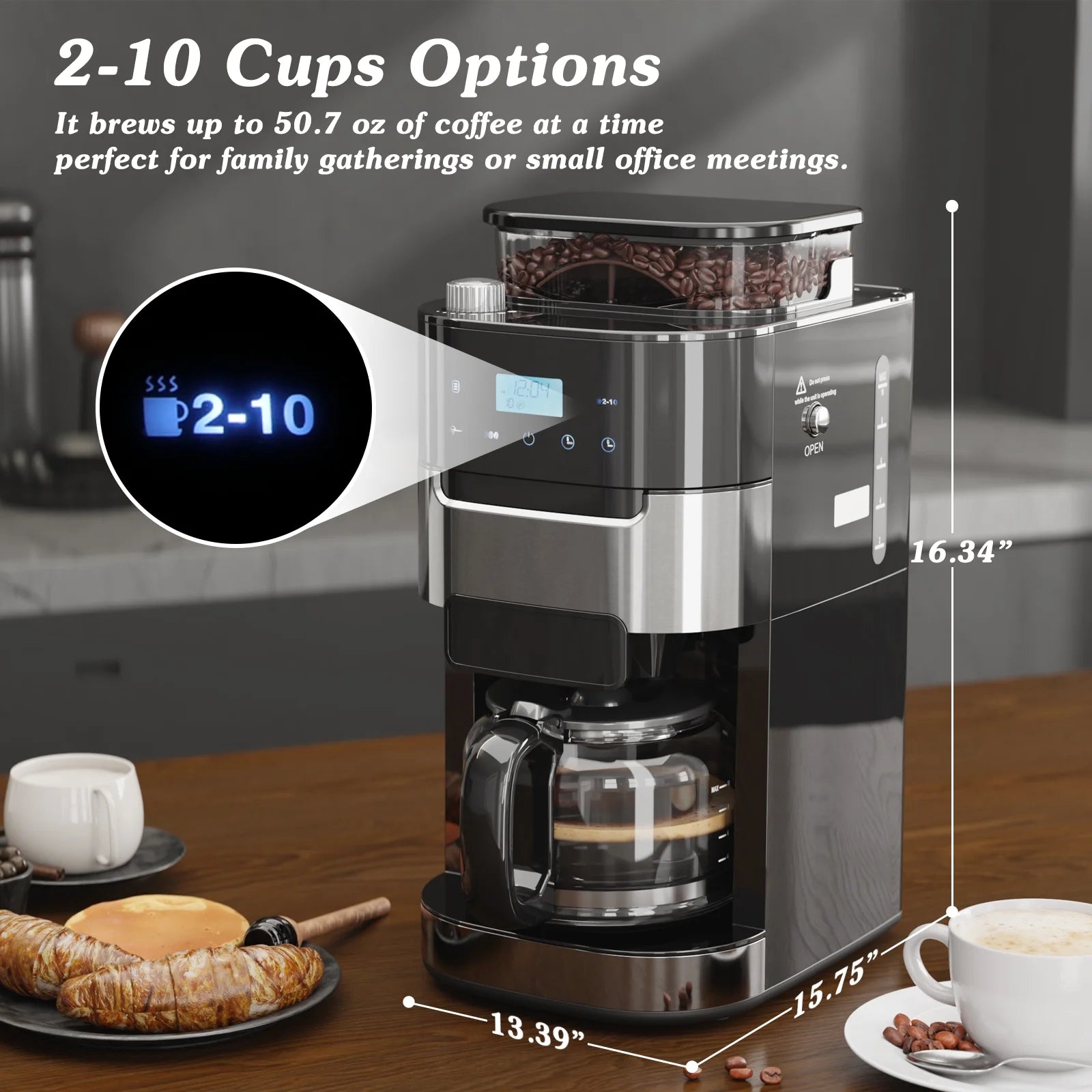 10-Cup Drip Coffee Maker with Grinder, Grind and Brew Coffee Maker, 12-Hour Timer, 3 Brew Strength Options, Touch Screen, 1.5L Water Tank, Black