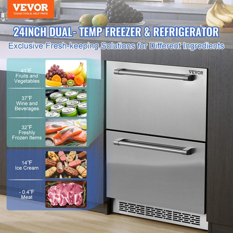 VEVOR Undercounter Refrigerator 24" Built-In 2 Drawer Refrigerator Fridge SUS