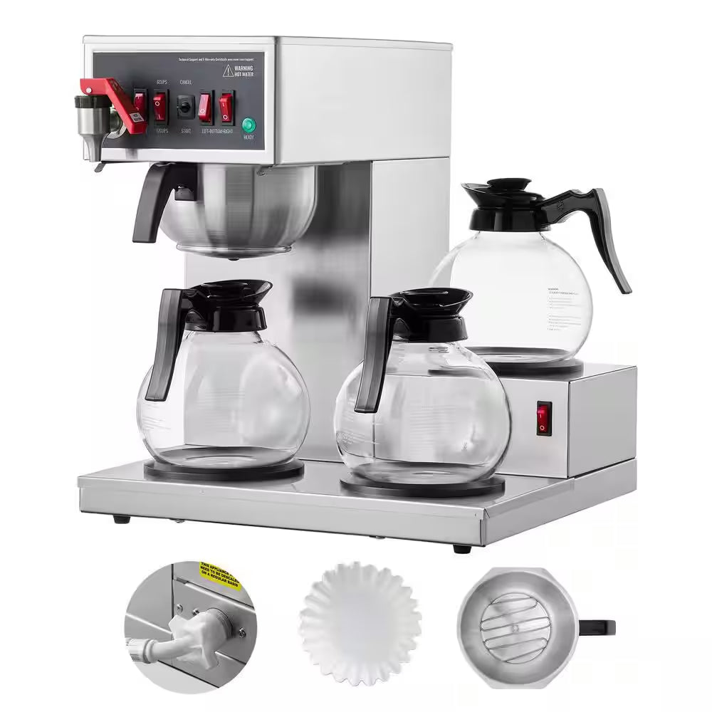 12 Cups Stainless Steel Drip Coffee Maker with 3 Glass Carafes and 3 Warmer Plates for Restaurant,2025 Upgrade,Silver