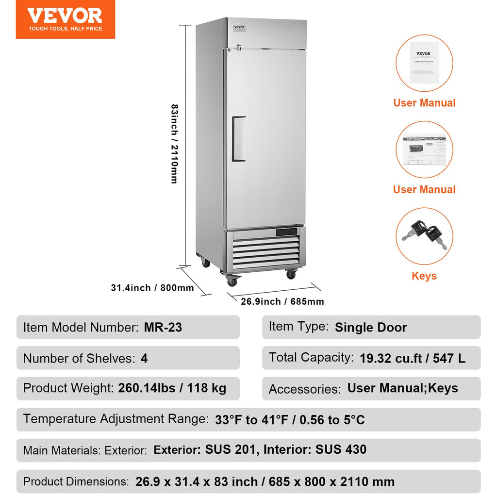VEVOR Commercial Refrigerator 19.32 Cu.Ft Reach in Upright Refrigerator 1 Door