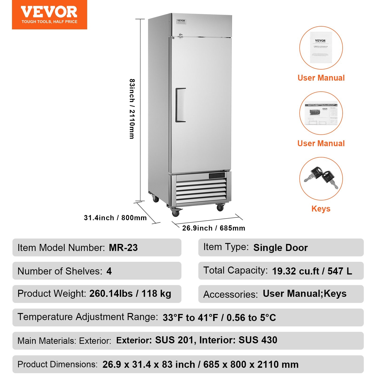VEVOR Commercial Refrigerator 19.32 Cu.Ft Reach in Upright Refrigerator 1 Door